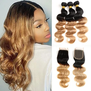 Ombre 1B/27 Body Wave Human Hair Bundles with Closure 4×4 Lace Closure Hair Weft - Picture 1 of 14