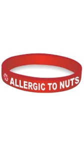 NUSSALLERGIE - ALLERGISCH GEGEN NÜSSE medizinische Warn-ID weicher Kunststoff rotes Armband - Bild 1 von 2