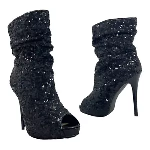 BOSTON PROPER Womens 9 Slouchy Sequin Platform Ankle Booties Peep Toe Stiletto - Picture 1 of 17