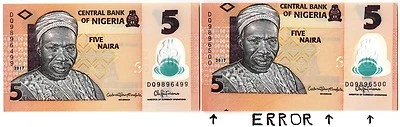 NIGERIA 5 NAIRA 2017 UNC- BEAUTIFUL PRINTING ERROR , P.NEW , POLYMER PAIR - Image 1 of 4