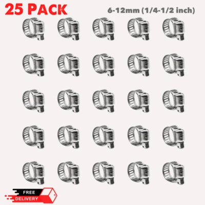 25Pcs Stainless Steel Hose Clamps Reliable Small Fuel Line Air Vacuum 1/4"- 1/2" Foto 1 de 4