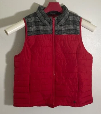 Chaleco acolchado a cuadros rojo y gris tallado con volantes con cierre de cremallera Foto 1 de 3