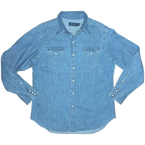 Polo Ralph Lauren Men's Large Pearl Snap Denim Western Long Sleeve Shirt Blue - Picture 1 of 11