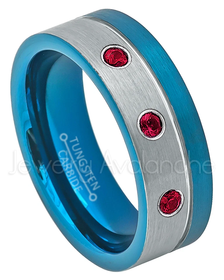 Anillo de tungsteno de 2 tonos, anillo de 3 piedras de rubí de 0,21 quilates, anillo de piedra de nacimiento de julio #741 Foto 1 de 1