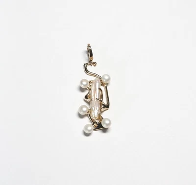 14K Yellow Gold Handmade Unique Abstract Cultured Pearl Pendant - 8.9g - Image 1 of 4