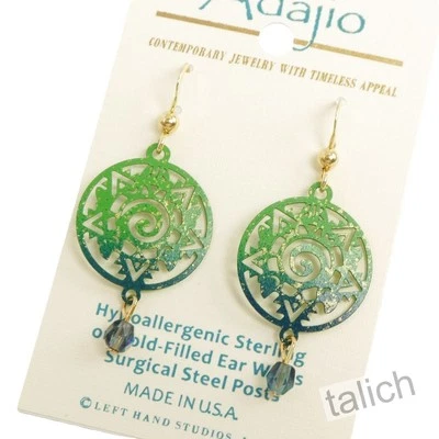 Adajio Earrings Green Tribal Spiral Turtle Filigree with Bead Handmade Unique - Image 1 of 3