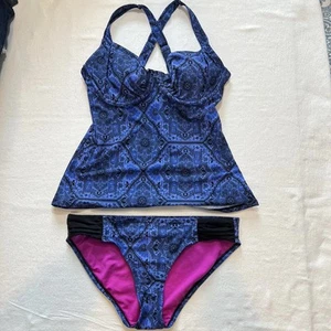 Title Nine Swimsuit Blue Two-Piece Tankini Underwire 34D Bikini Bottom MED - Picture 1 of 8