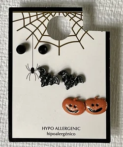 Halloween Earrings Bats Jack-O-Lantern Pumpkin Studs Orange Black 3 Pair New - Picture 1 of 2