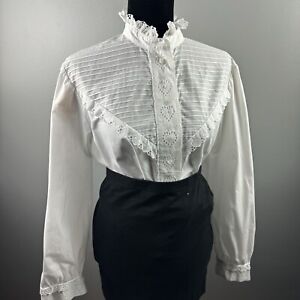 Lady H For Peter Hahn Vintage High Neck Posh White UK Heart Button Blouse - L/12