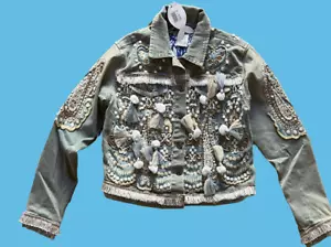 ANTICA SARTORIA 2024 BEAUTIFUL WHITE ECRU GOLD SILVER DENIM JACKET NWT - Picture 1 of 7