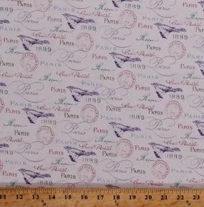 Paris French Words Script Birds Stamps White Cotton Fabric Print by Yard D481.23 - Picture 1 of 1