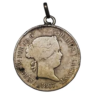 Spanien 1 Escudo 1867 Isabella II Silber Münze zum Anhänger umgebaut KM.626 - Bild 1 von 2
