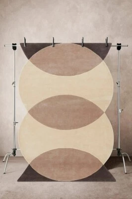 Grand Hand Tufted Overlapped Circle Area Rug Beige-Brown in New Zealand Wool. - Image 1 of 4