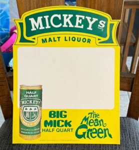 MICKEY'S MALT LIQUOR BEER CARDBOARD EASEL BACK SIGN MEAN GREEN HALF QUART CAN - Picture 1 of 2