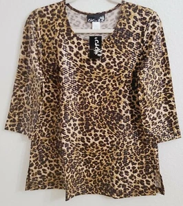 CSC Studio Brown & Black Faux Leather Like Animal Print 3/4 Sleeve Top sz M New - Picture 1 of 6