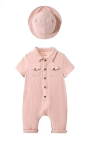 Baby Boy Short Sleeve Romper And Hat Set, Open Front Design, Sizes 3M- 3Y Stock - Picture 1 of 14