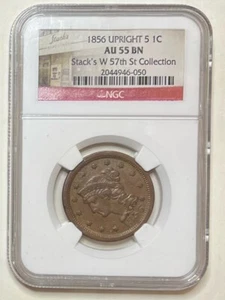 1856 Braided Hair Large Coronet Cent Upright 5 NGC AU 55 BN Stack's Collection - Picture 1 of 2