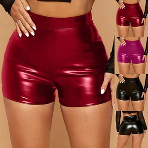 Sexy Damen Hotpants Hohe Taille Wet Look Kurze Hose Glänzende Shorts Clubwear DE - Bild 1 von 14