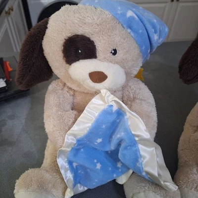 Morrisons Peekaboo Singing Dog Blue & White Stars On Nightcap & Blanket 15” - Image 1 of 4
