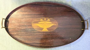 Antique EFS Oval Butler's Serving Tray Mahogany Inlaid Urn Brass Handles 14x24" - Picture 1 of 13