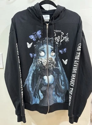 Tim Burtons Cadáver Novia Cremallera Sudadera con Capucha Chaqueta Bolsillos Negro Polilla Mariposa Grande Foto 1 de 4
