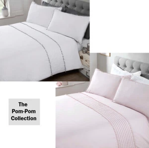 Plain Duvet Quilt Cover Bedding Set with Chunky Pom Pom Trim in 2 colours - Picture 1 of 5