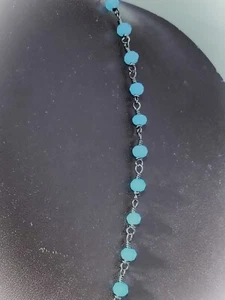 Blue Aqua Calcy Jade Gemstone 3 mm Beads 12/40" Strand Black Plated Chain Mala - Picture 1 of 14