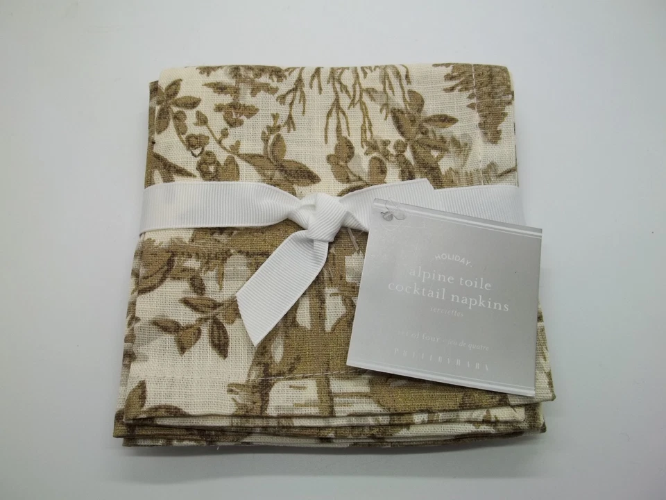 Pottery Barn Gold Alpine Toile Stag Deer Cocktail Napkins 10" Sq S/ 4 #2