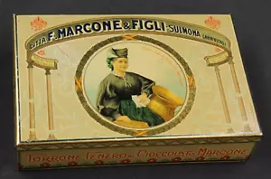 Antica Rara Scatola Latta Pubblicità Torrone Cioccolato Marcone Sulmona Abruzzo - Picture 1 of 8