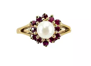 14K Yellow Gold Pearl & Ruby Cluster Halo Ring - RL156 - Picture 1 of 8