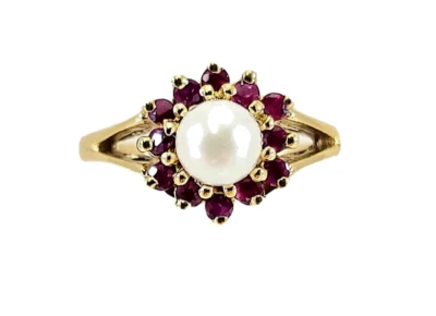 14K Yellow Gold Pearl & Ruby Cluster Halo Ring - RL156 - Image 1 of 4