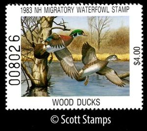 NH1 1983 New Hampshire Duck - MNH - Wood Ducks Artist: Richard W. Plasschaert - Picture 1 of 1
