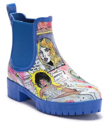 New Jeffrey Campbell Cloudy Chelsea Rain Women Boots - Women Power Comic Print  - Image 1 of 4
