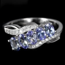 NATURAL AAA BLUE TANZANITE OVAL & WHITE CZ STERLING 925 SILVER RING SIZE 7.25