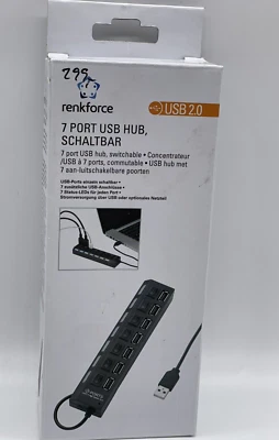 renkforce 7 Port USB 2.0 Hub Ports einzeln schaltbar, mit Status-LEDs, Schwarz - Bild 1 von 2