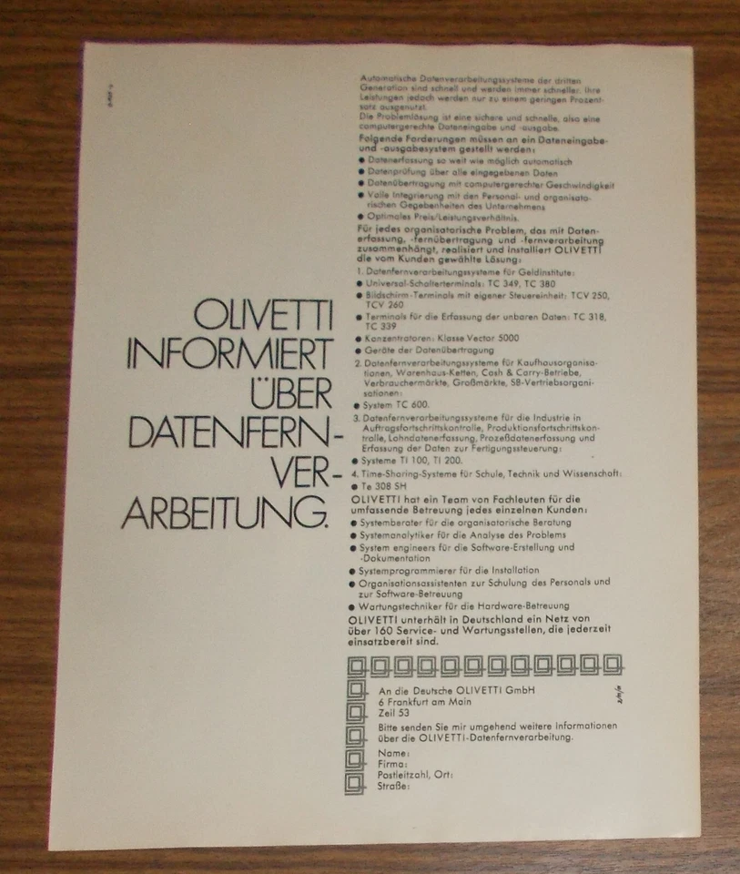 Seltene Werbung OLIVETTI informiert über Datenverarbeitung 1970 - Image 1 of 1
