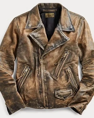 Men's Café Racer Motorcycle Jacket Distressed Lambskin Leather Bomber - Image 1 of 3