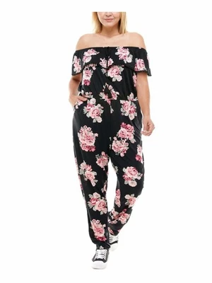 PLANET GOLD Womens Black Ruffled Tie Floral Off Shoulder Straight leg Jumpsuit S - Image 1 of 3