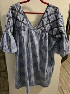 Maeve Anthropologie blau Gingham bestickt Boho Top L Rüschenärmel Bluse - Bild 1 von 6