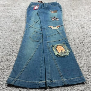 NWT Vintage Y2K Grunge Skater Patch Style Embroidered Denim Flare Bottom Jeans - Picture 1 of 8