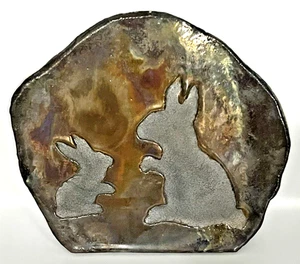 VTG Raku Fired Ceramic Art Plaque Metallic Iridescent Glaze Rabbit Handmade 8.5" - Picture 1 of 10