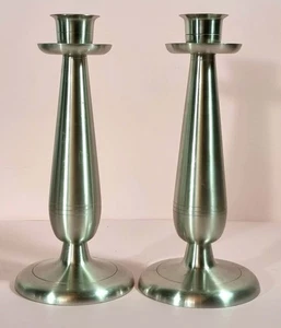 Vintage Penang Malaysia Pewter Tall Candle Holders Modernist Pair 23cm High - Bild 1 von 7
