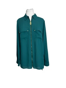 Michael Kors Womens Top Blouse Size Medium Green Dog Tag Zip Front Tab Sleeve - Picture 1 of 8