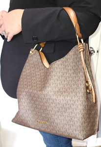 Michael Kors Large Leather Shoulder Tote Handbag Purse SatchelBag Stitched Brown