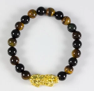 Pulsera Ojo de Tigre Riqueza Buena Suerte 8 mm Cuentas Redondas Elastizadas Tono Dorado Dragón - Imagen 1 de 6