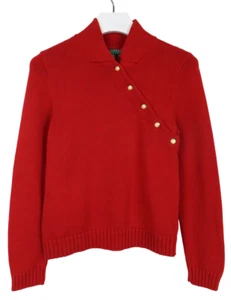 RALPH Lauren Jumper Women's MEDIUM Red Rib Knitted Button Pure Cotton - Picture 1 of 10