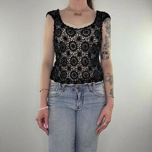 Y2K vintage crochet floral beaded cap sleeve top round deep neckline/ back - Picture 1 of 3