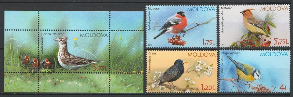 Moldova 2015 Birds 4 MNH stamps + Block - Image 1 of 1