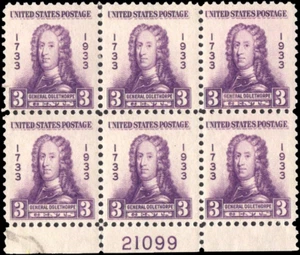 Scott # 726 - US Plate Block Of 6 - Gen James Oglethorpe- 3c Purple **MH**-1933 - Picture 1 of 1