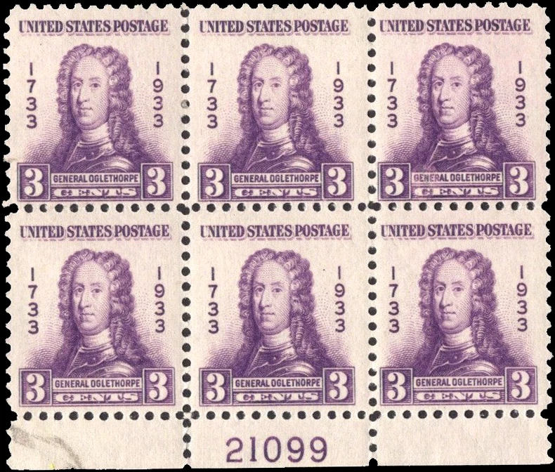 Scott # 726 - US Plate Block Of 6 - Gen James Oglethorpe- 3c Purple **MH**-1933 - Image 1 of 1